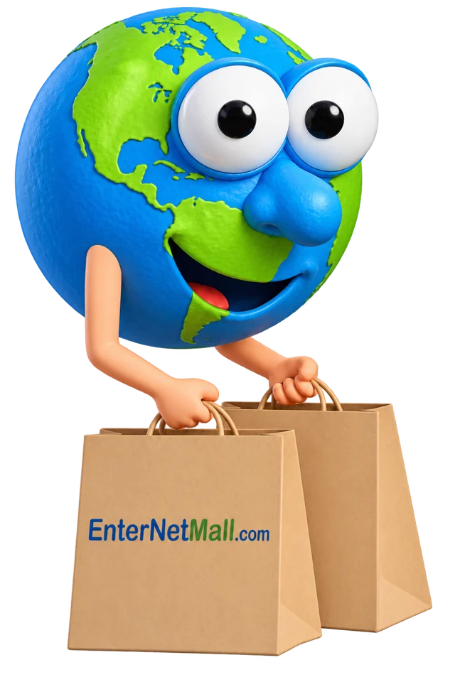EnterNetMall’s smiling globe mascot carrying shopping bags